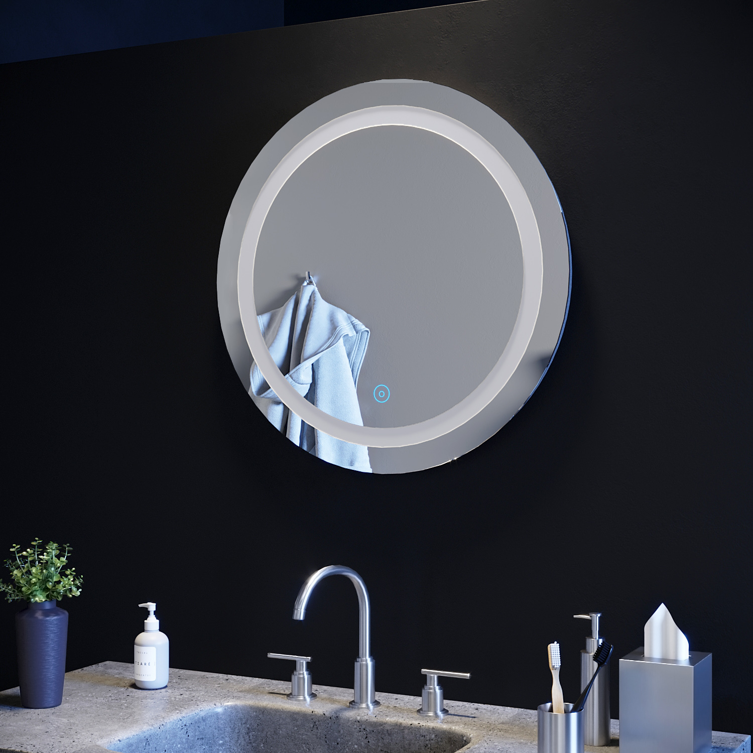 Round LED Bathroom Mirror Demister Illuminated Light Up 600x600 mm